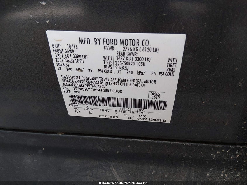 2017 Ford Explorer 3.5 Xlt grey Lot 111044481727 Vin 1FM5K7D85HGB12686