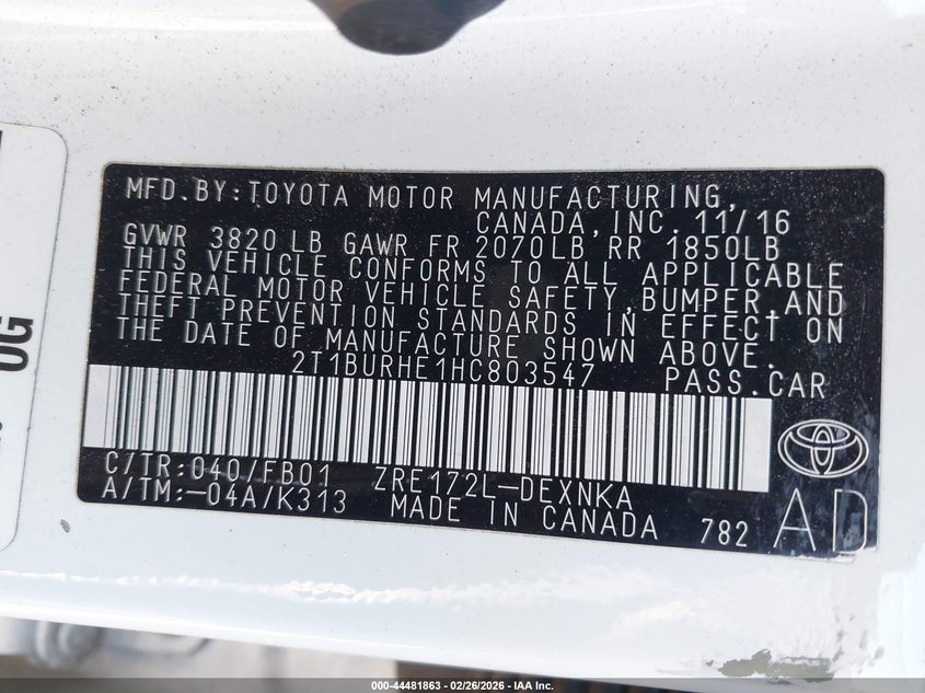 2017 Toyota Corolla 1.8 Le white Lot 111044481863 Vin 2T1BURHE1HC803547