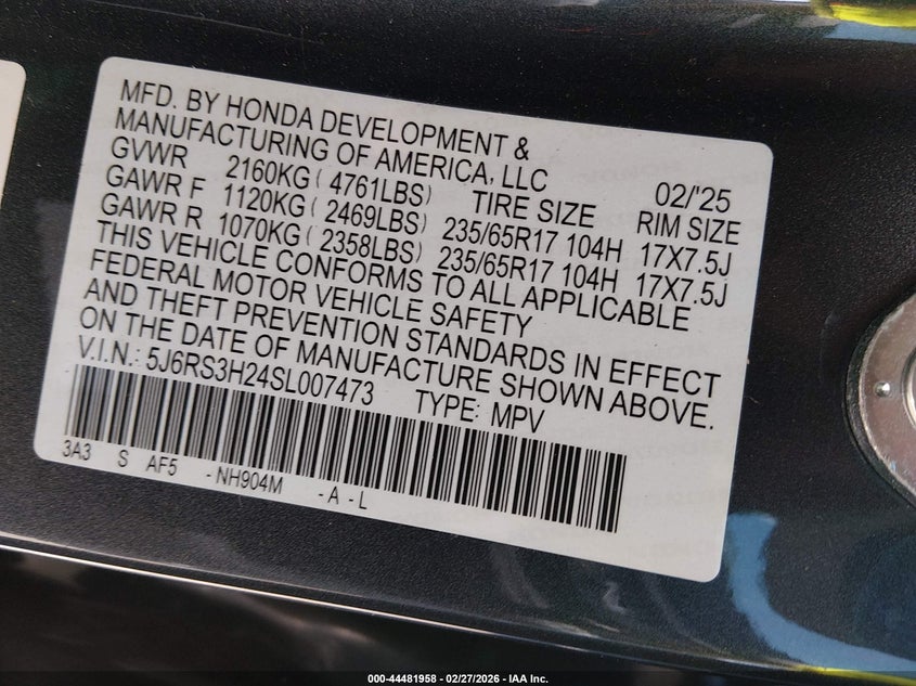 VIN 5J6RS3H24SL007473 2025 HONDA CR-V LX 2WD