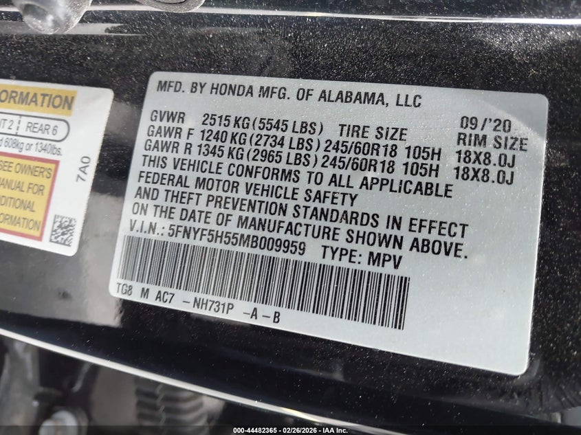 2021 Honda Pilot 3.5 2Wd Ex-L black Lot 111044482365 Vin 5FNYF5H55MB009959