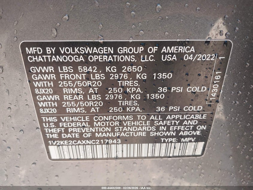 2022 Volkswagen Atlas Cross Sport 3.6L V6 Se W/Technology VIN: 1V2KE2CAXNC217943 Lot: 44482389