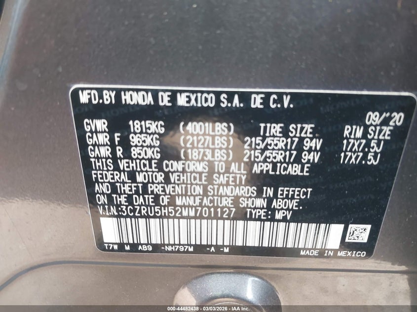 VIN 3CZRU5H52MM701127 2021 HONDA HR-V 2WD EX