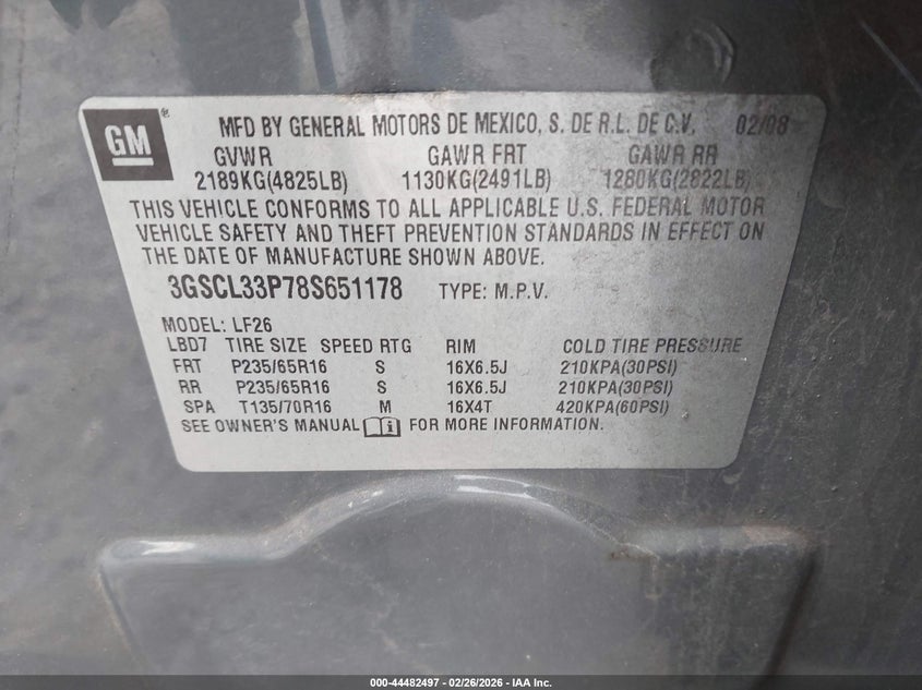 2008 Saturn Vue 4-Cyl Xe VIN: 3GSCL33P78S651178 Lot: 44482497