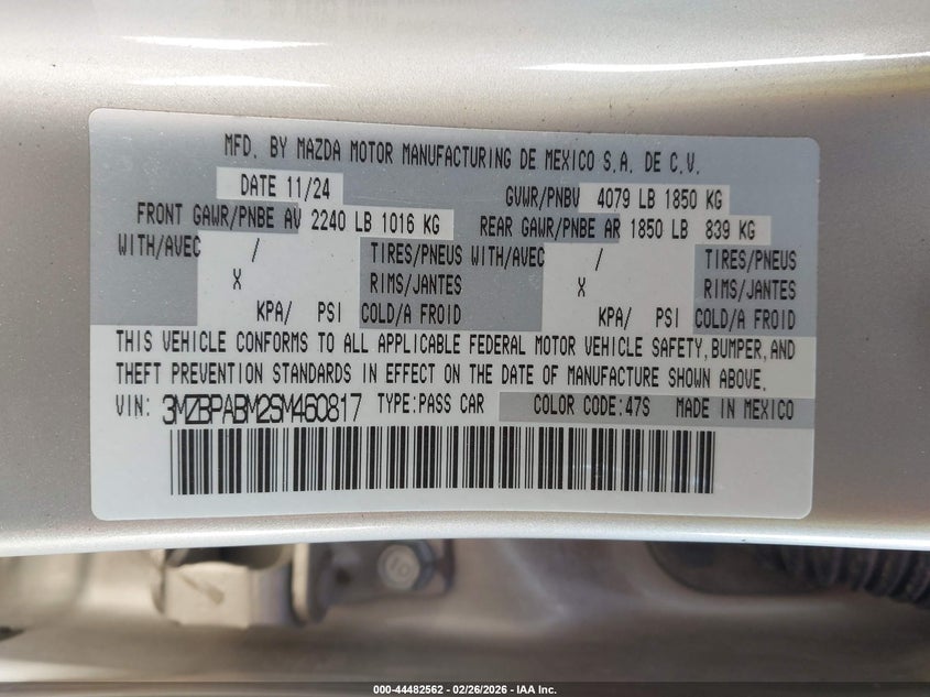 2025 Mazda 3 2.5 2.5 S Select Sport beige Lot 111044482562 Vin 3MZBPABM2SM460817