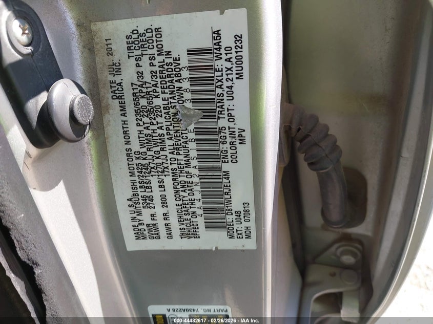 2011 Mitsubishi Endeavor VIN: 4A4JN2AS1BE033833 Lot: 44482617