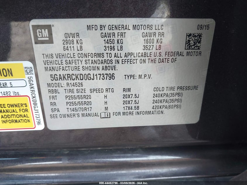 2016 Buick Enclave Premium VIN: 5GAKRCKD0GJ173796 Lot: 44482796