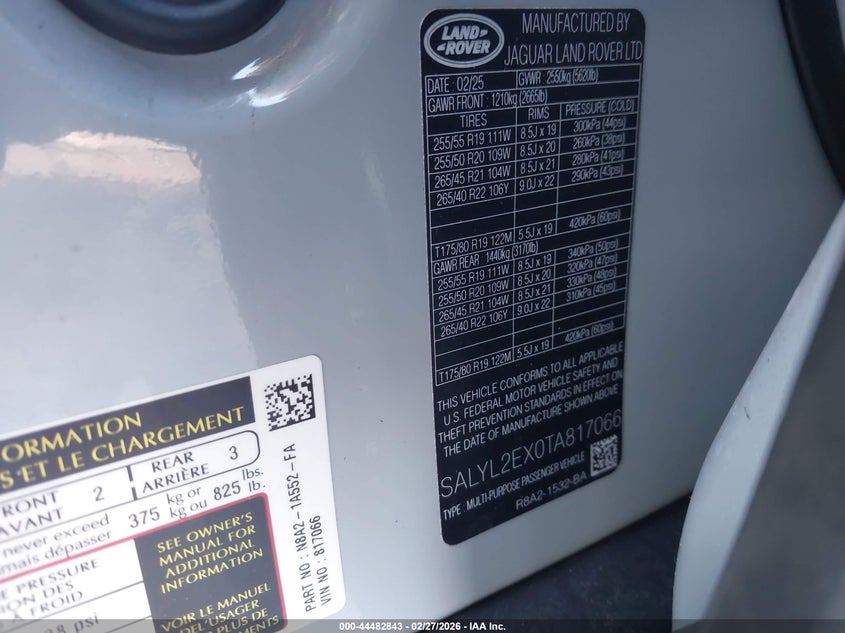 2026 Land Rover Range Rover Velar P250 Dynamic Se VIN: SALYL2EX0TA817066 Lot: 44482843