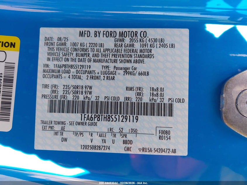 2025 Ford Mustang 2.3 Ecoboost Fastback blue Lot 111044483044 Vin 1FA6P8TH8S5129119