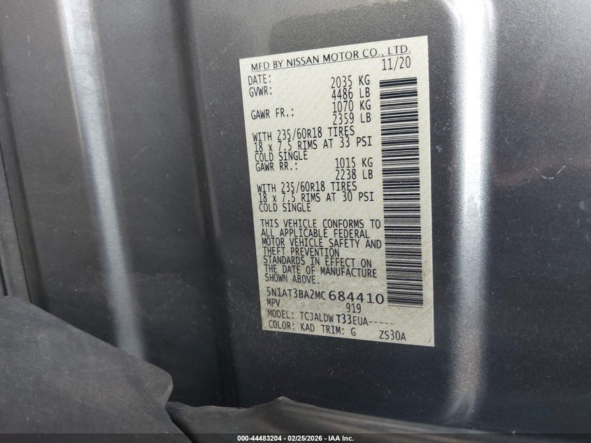 VIN 5N1AT3BA2MC684410 2021 NISSAN ROGUE SV FWD