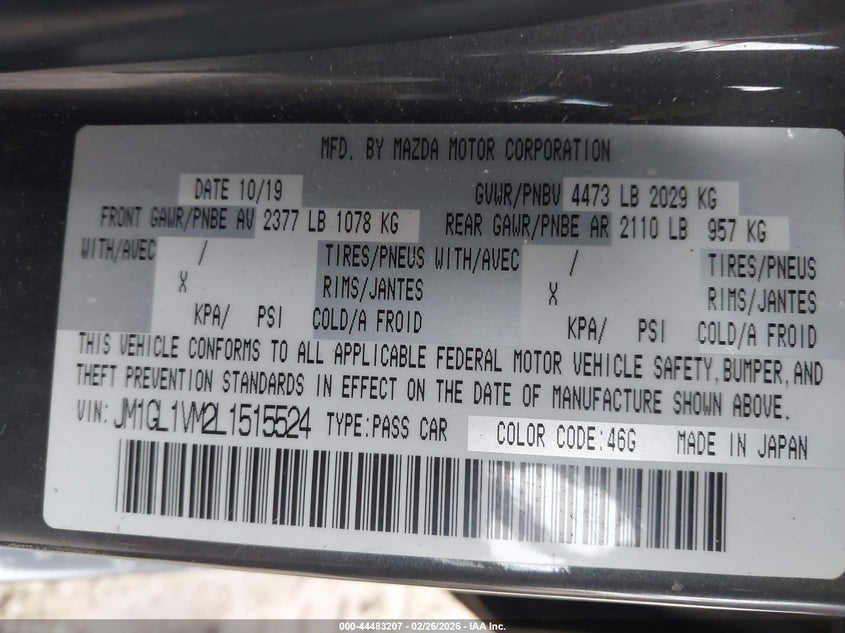 2020 Mazda Mazda6 Touring VIN: JM1GL1VM2L1515524 Lot: 44483207