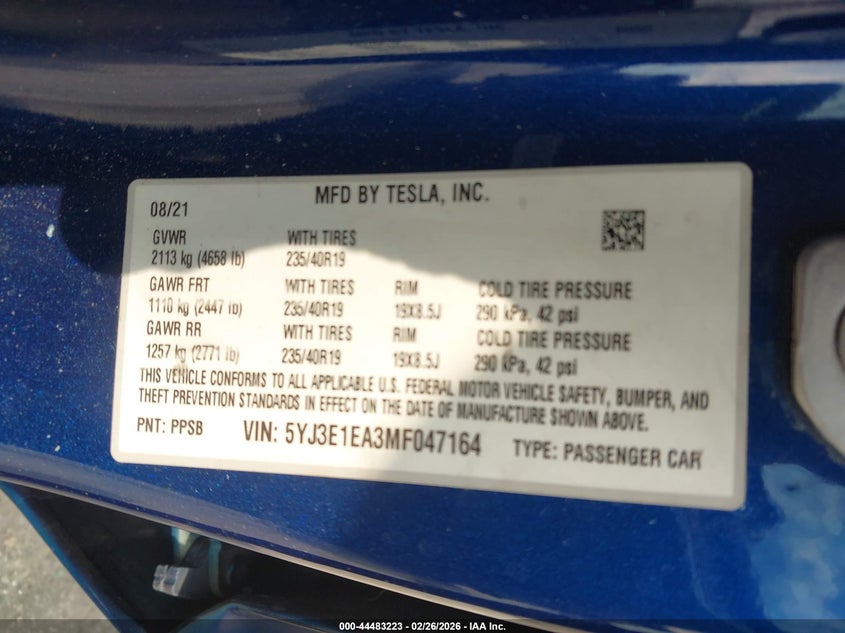 5YJ3E1EA3MF047164 2021 Tesla Model 3 Standard Range Plus Rear-Wheel Drive blue