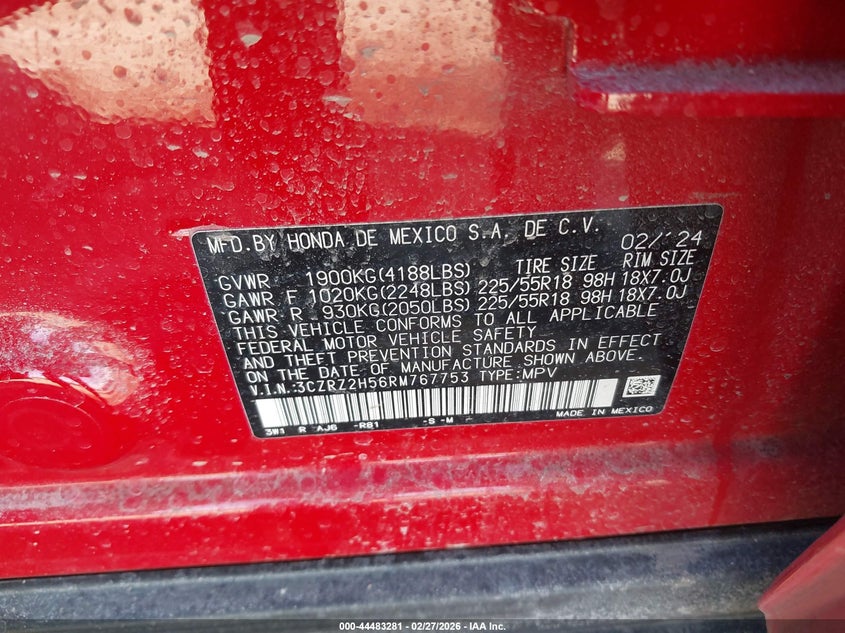VIN 3CZRZ2H56RM767753 2024 HONDA HR-V AWD SPORT/AWD SPORT W/O BSI