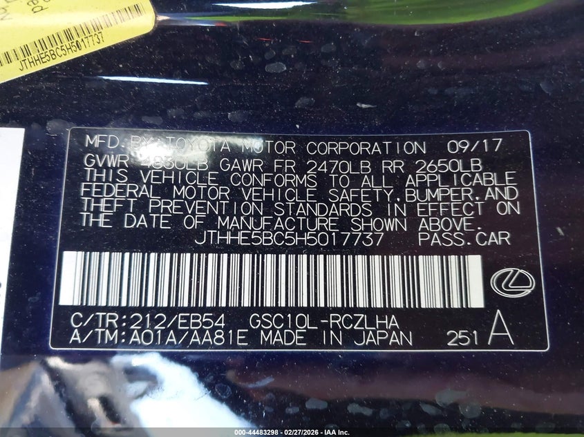 2017 Lexus Rc 350 VIN: JTHHE5BC5H5017737 Lot: 44483298