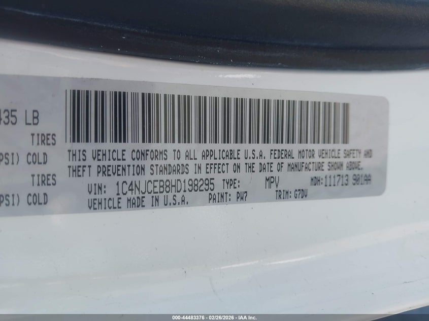 1C4NJCEB8HD198295 2017 Jeep Compass 2.4 Latitude Fwd white