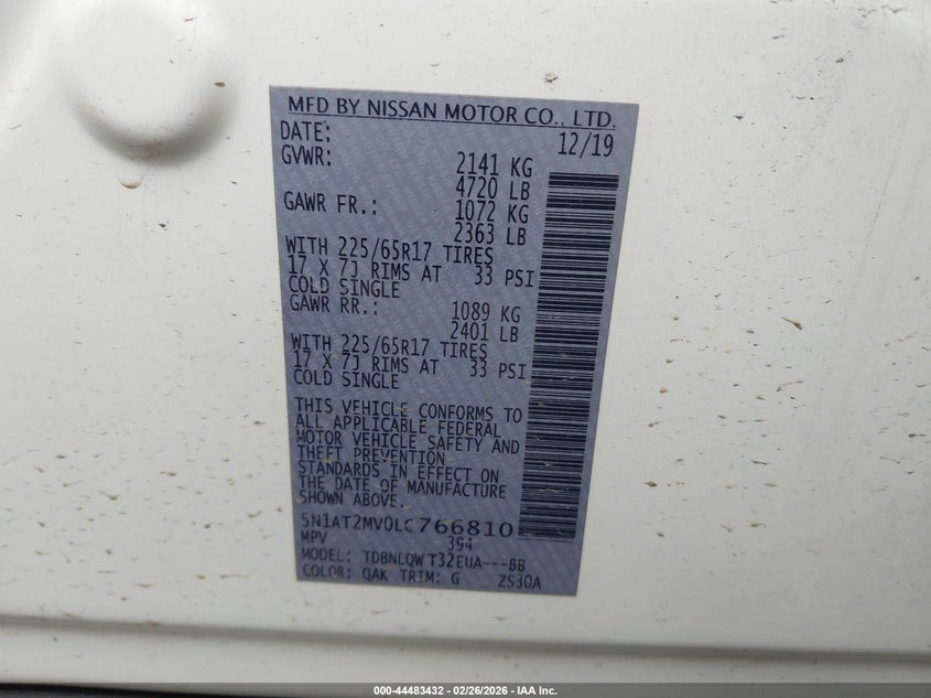 VIN 5N1AT2MV0LC766810 2020 NISSAN ROGUE SV INTELLIGENT AWD