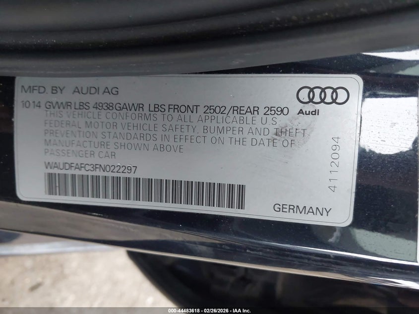 2015 Audi A6 2.0T Premium VIN: WAUDFAFC3FN022297 Lot: 44483618
