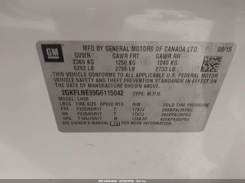 2016 Gmc Terrain 3.6 Sle-2 white Lot 111044483649 Vin 2GKFLNE39G6115042
