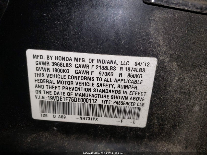 2013 Acura Ilx 2.0L VIN: 19VDE1F75DE000112 Lot: 44483689