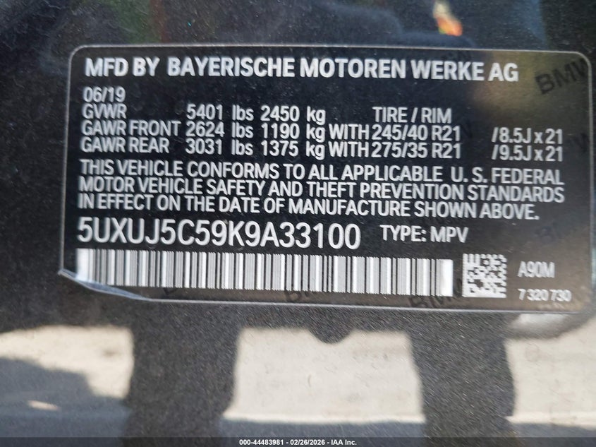 2019 BMW X4 M40I VIN: 5UXUJ5C59K9A33100 Lot: 44483981