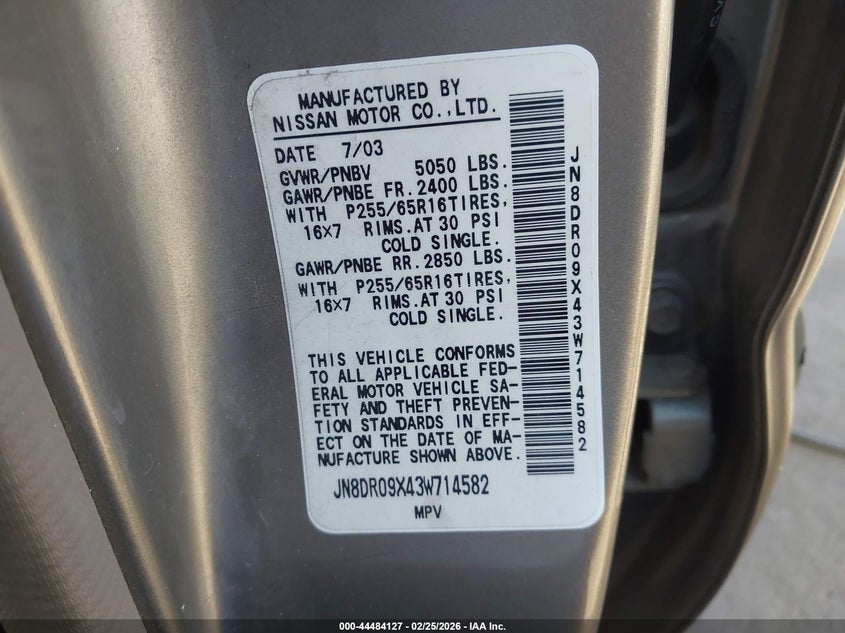 2003 Nissan Pathfinder Se VIN: JN8DR09X43W714582 Lot: 44484127