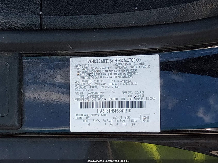 2015 Ford Mustang 2.3 Ecoboost black Lot 111044484233 Vin 1FA6P8TH5F5341210