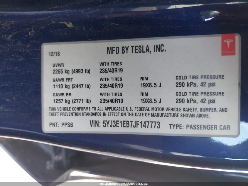 2018 Tesla Model 3 Long Range performance Blue Lot 111044484320 Vin 5YJ3E1EB7JF147773