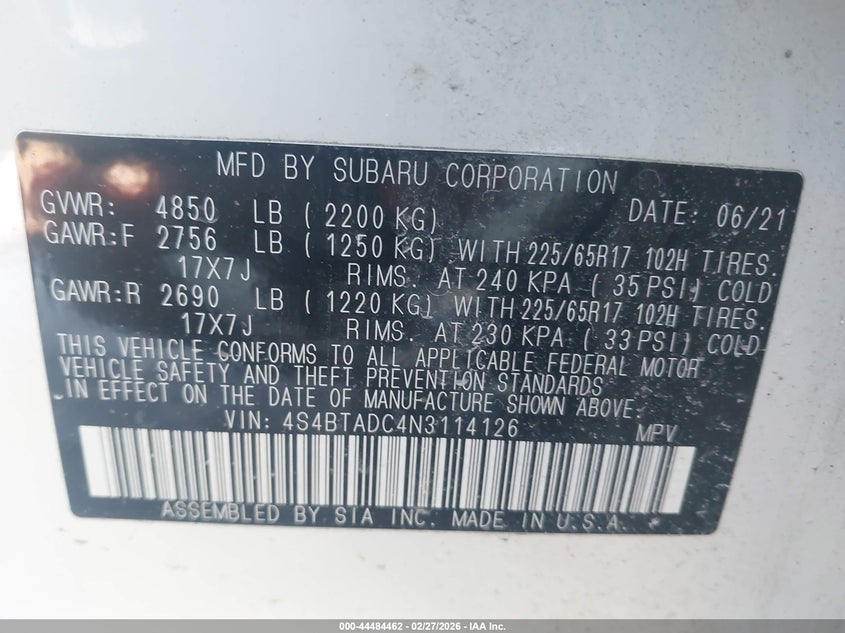 2022 Subaru Outback Premium VIN: 4S4BTADC4N3114126 Lot: 44484462