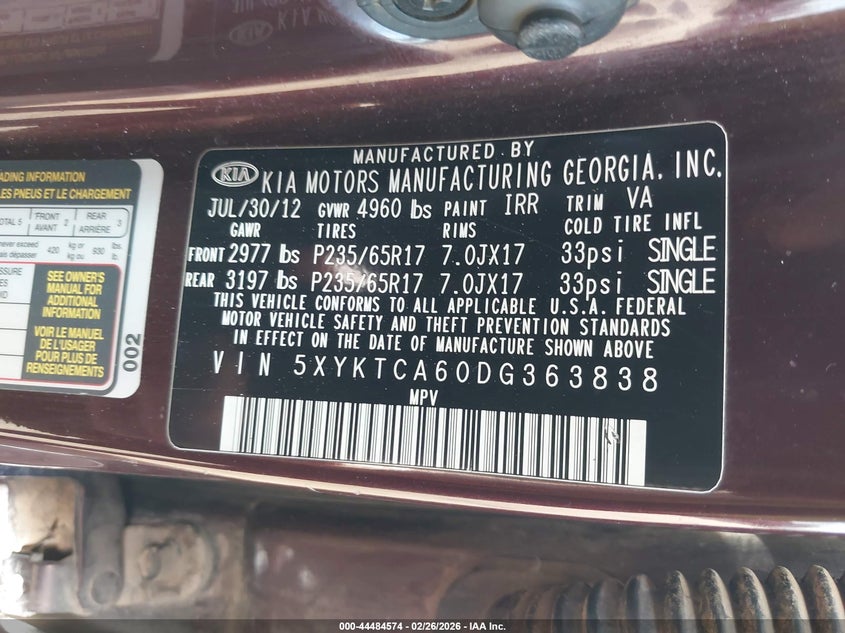 2013 Kia Sorento 2.4 Lx brown Lot 111044484574 Vin 5XYKTCA60DG363838