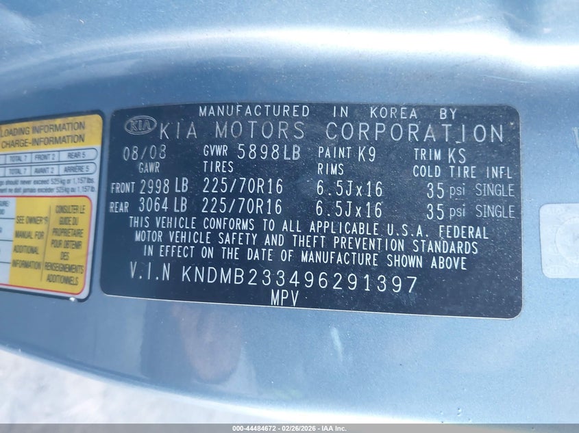 2009 Kia Sedona Lx VIN: KNDMB233496291397 Lot: 44484672