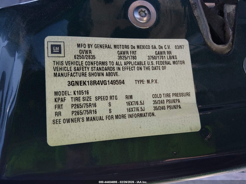 1997 Chevrolet Tahoe VIN: 3GNEK18R4VG149594 Lot: 44484695