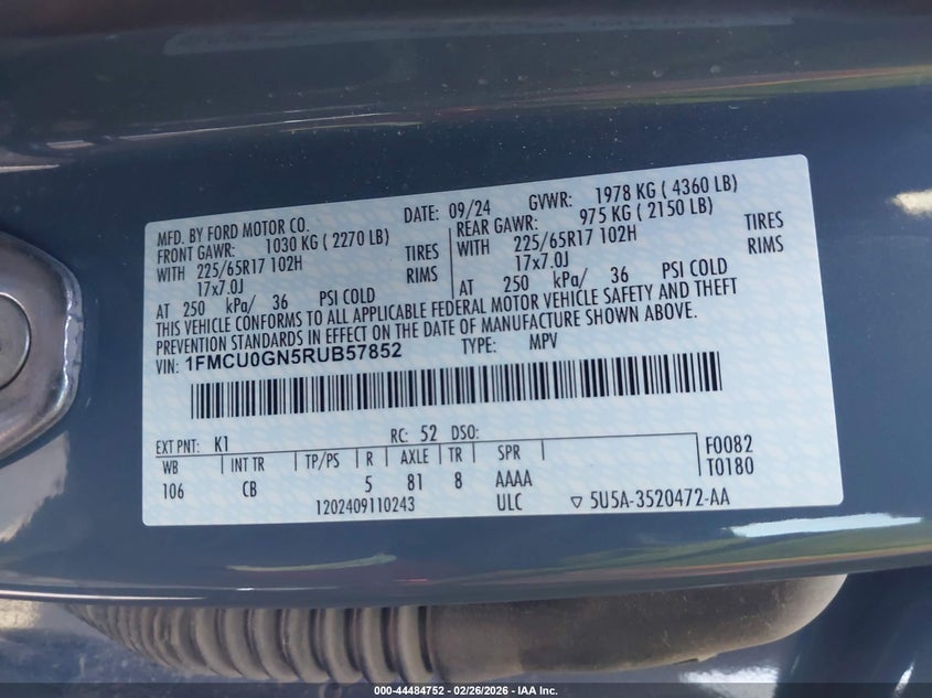 2024 Ford Escape 1.5 Active grey Lot 111044484752 Vin 1FMCU0GN5RUB57852
