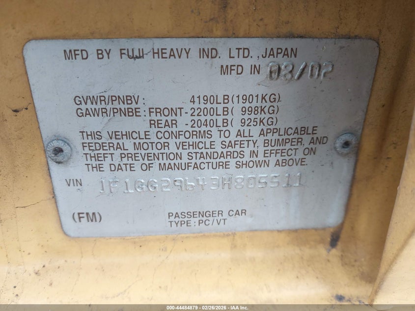 2003 Subaru Impreza Wrx VIN: JF1GG29643H805511 Lot: 44484879