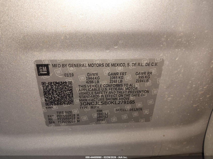 VIN 3GNCJLSB0KL279165 2019 CHEVROLET TRAX LT