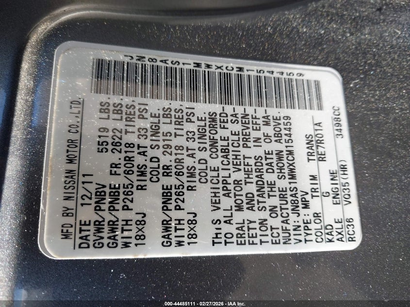 2012 Infiniti Fx35 VIN: JN8AS1MWXCM154459 Lot: 44485111