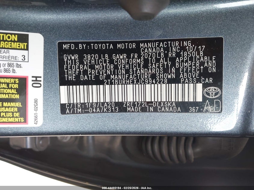 VIN 2T1BURHEXJT994228 2018 TOYOTA COROLLA L/LE/SE/XLE/XSE