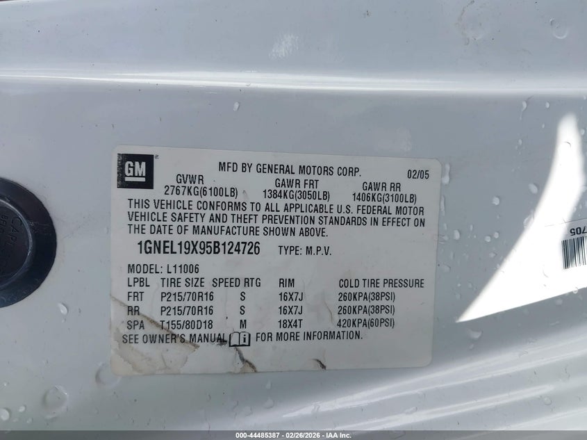 2005 Chevrolet Astro VIN: 1GNEL19X95B124726 Lot: 44485387