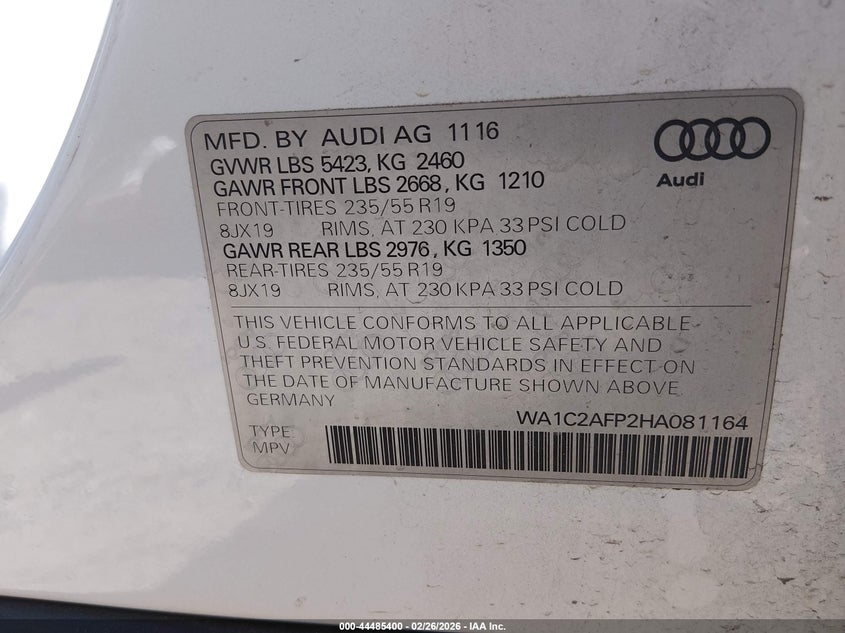 2017 Audi Q5 2.0 2.0T Premium white Lot 111044485400 Vin WA1C2AFP2HA081164