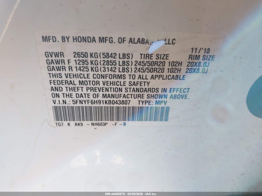 2019 Honda Pilot 3.5 Touring white Lot 111044485570 Vin 5FNYF6H91KB043807