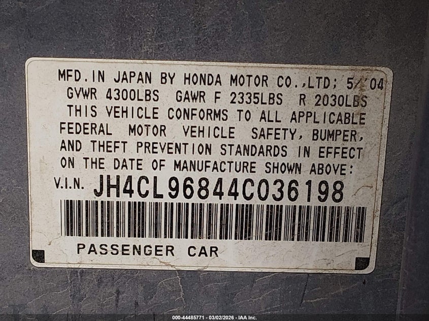 2004 Acura Tsx VIN: JH4CL96844C036198 Lot: 44485771