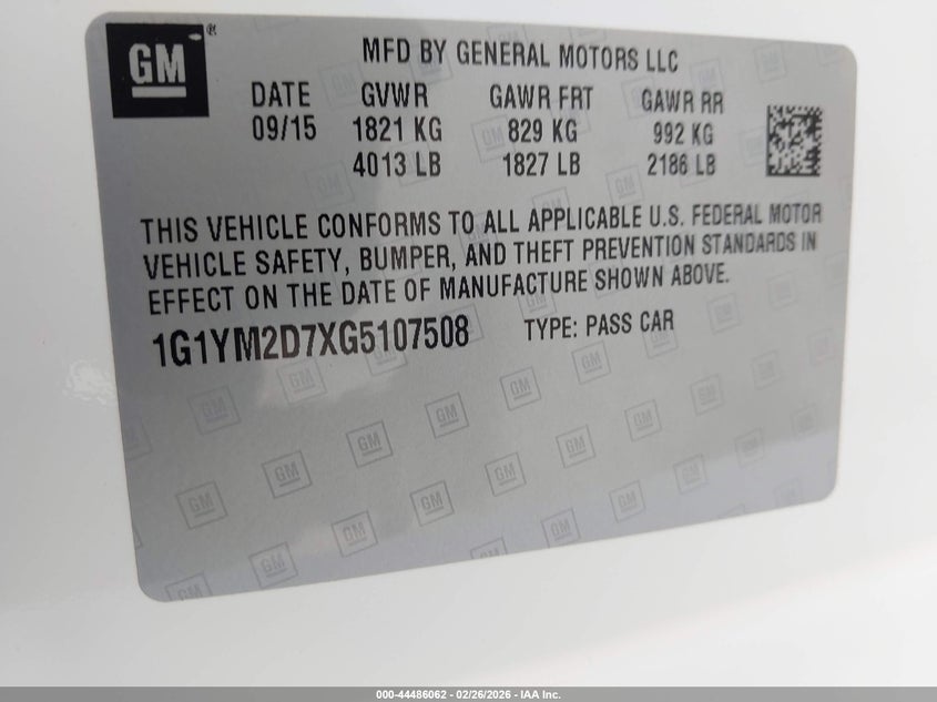 2016 Chevrolet Corvette Stingray Z51 VIN: 1G1YM2D7XG5107508 Lot: 44486062