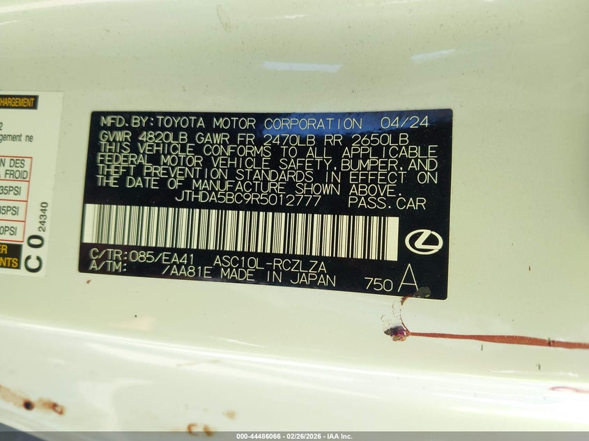 2024 Lexus Rc 300 Base/300 F Sport VIN: JTHDA5BC9R5012777 Lot: 44486066