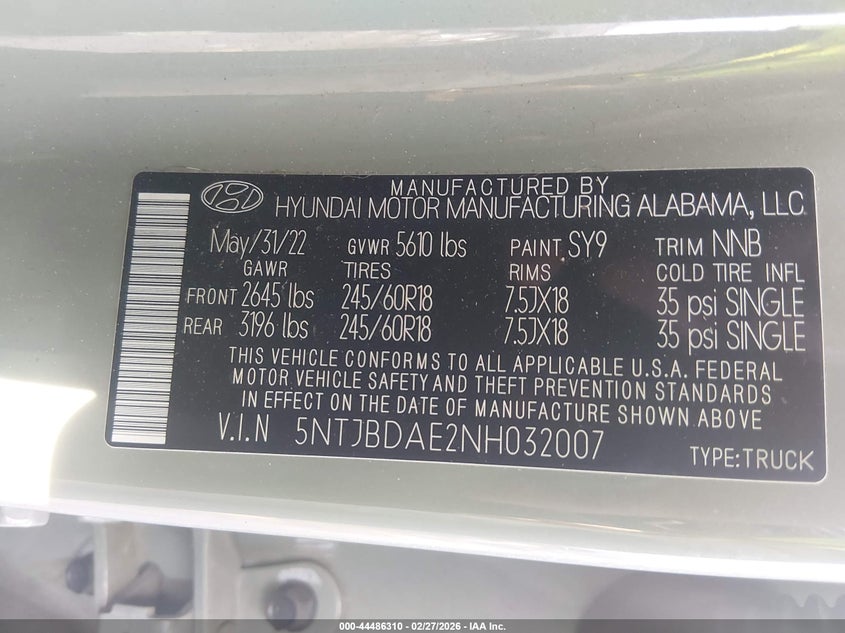 2022 Hyundai Santa Cruz Sel VIN: 5NTJBDAE2NH032007 Lot: 44486310