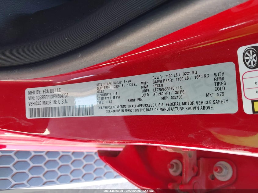 2023 Ram 1500 5.7 Ram Lone Star 4X4 5'7 Box red Lot 111044486390 Vin 1C6SRFFTXPN604758