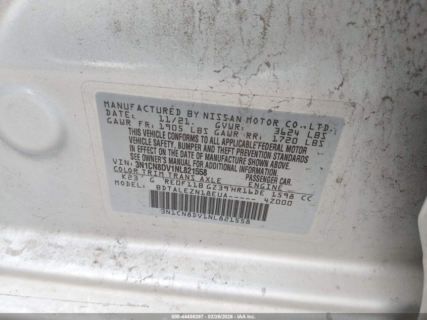 2022 Nissan Versa 1.6 S Xtronic Cvt VIN: 3N1CN8DV1NL821558 Lot: 44486397