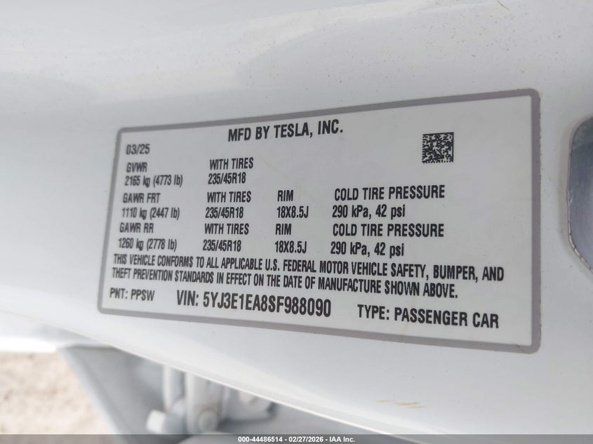 5YJ3E1EA8SF988090 2025 Tesla Model 3 Long Range Rear-Wheel Drive Standard Rear-Wheel Drive white