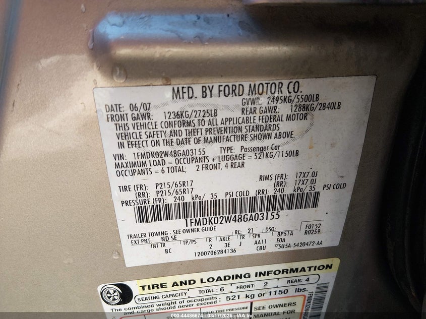 2008 Ford Taurus X Sel VIN: 1FMDK02W48GA03155 Lot: 44486674