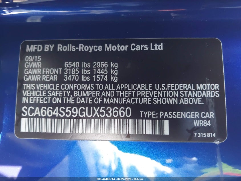 2016 Rolls-Royce Ghost VIN: SCA664S59GUX53660 Lot: 44486744