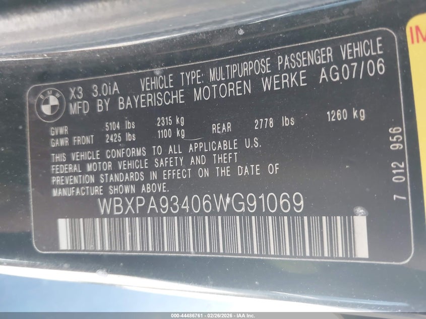 2006 BMW X3 3.0I VIN: WBXPA93406WG91069 Lot: 44486761