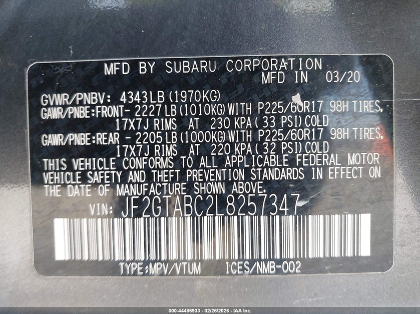 2020 Subaru Xv 2.0 Crosstrek grey Lot 111044486933 Vin JF2GTABC2L8257347