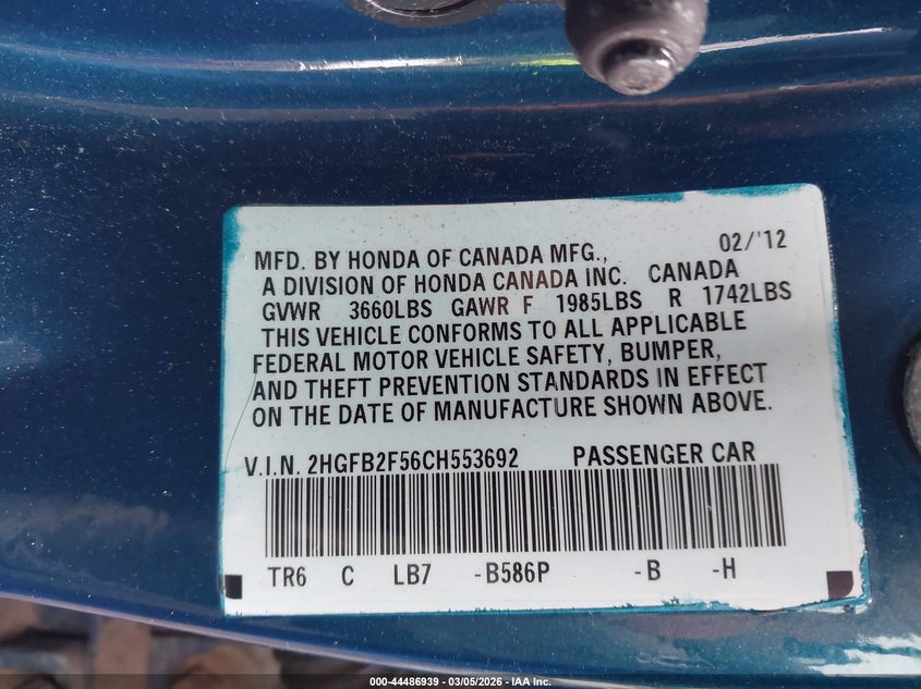 2HGFB2F56CH553692 2012 Honda Civic 1.8 Lx blue